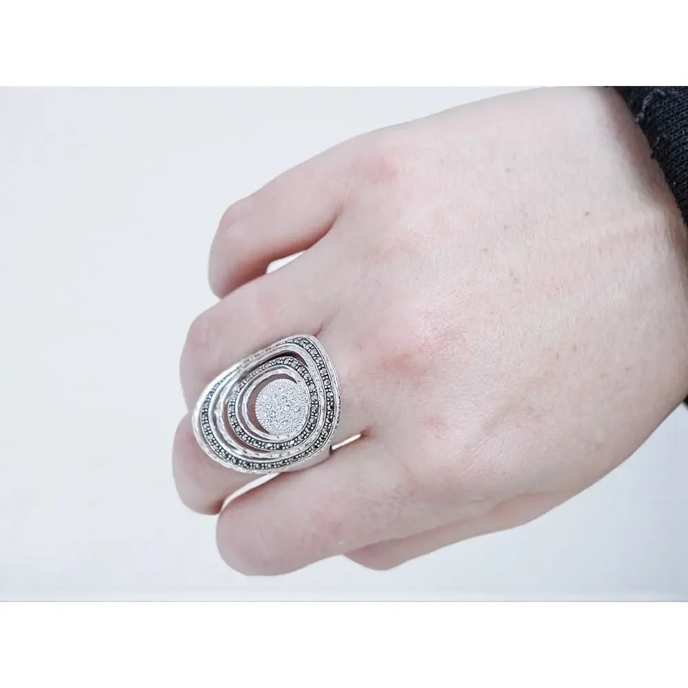 Sterling Silver 925 Spiral Statement Ring Cubic Zirconia Marcasite Size 6